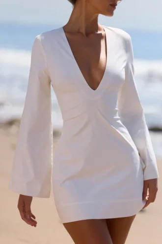 Isha White Bell Sleeve Cotton Mini Dress