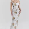 Isis Soft Blue Vintage Print Corset Maxi Dress
