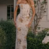 Isis Soft Blue Vintage Print Corset Maxi Dress