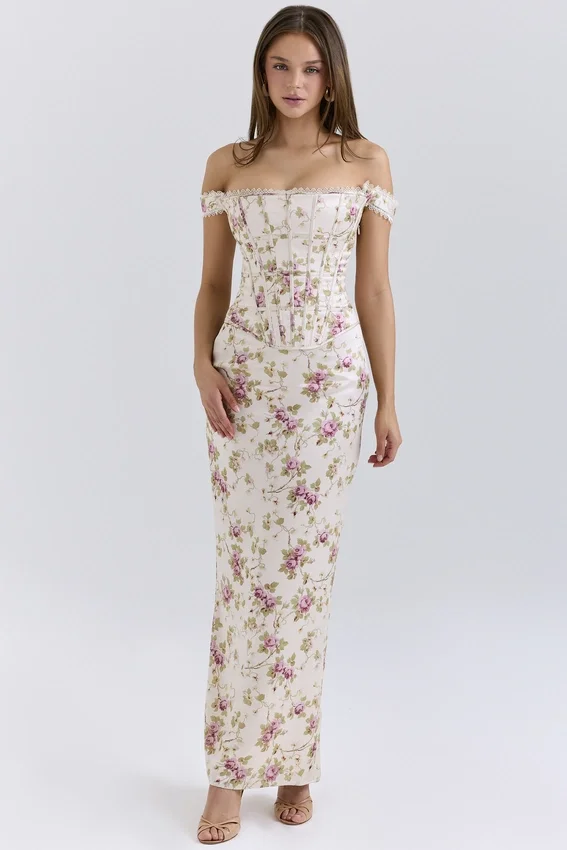 Isis Vintage Cream Floral Print Corset Maxi Dress