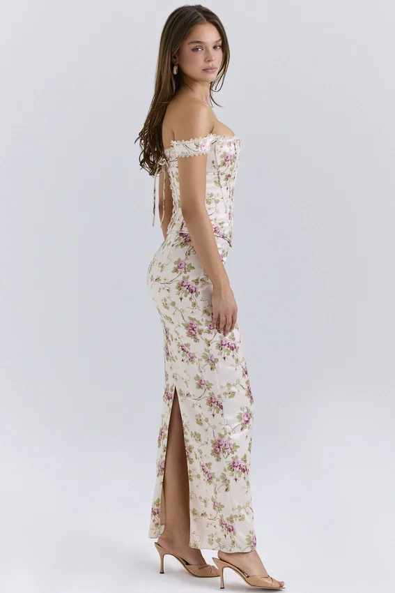 Isis Vintage Cream Floral Print Corset Maxi Dress