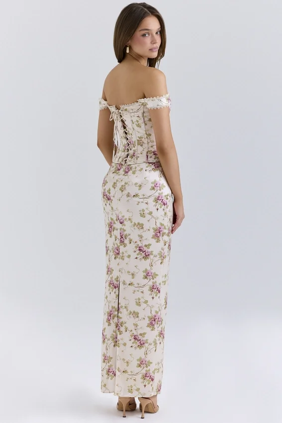 Isis Vintage Cream Floral Print Corset Maxi Dress
