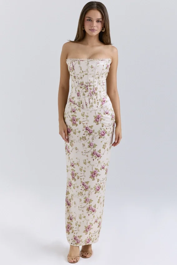 Isis Vintage Cream Floral Print Corset Maxi Dress