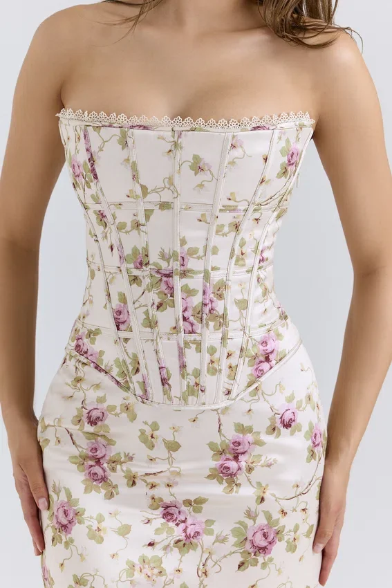 Isis Vintage Cream Floral Print Corset Maxi Dress