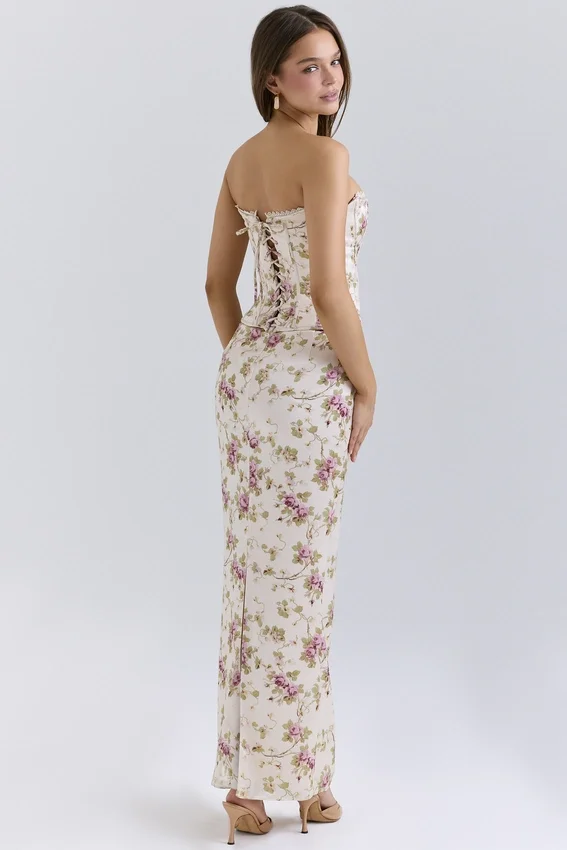 Isis Vintage Cream Floral Print Corset Maxi Dress