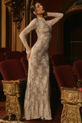 Isoline Peach Lace Maxi Dress