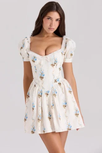 Issa Cream Floral Print Cotton Mini Dress