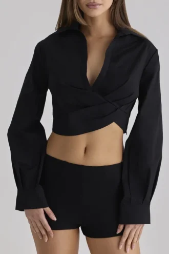 Ivara Black Long Sleeve Cropped Cotton Shirt