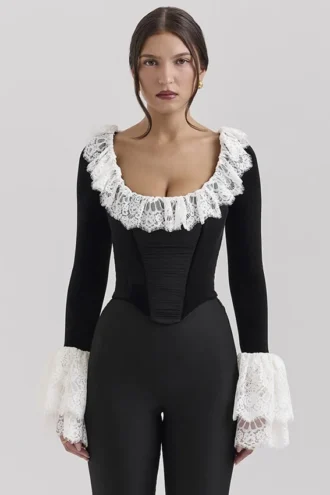 Jacinda Black Velvet Lace Trimmed Corset Top