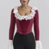 Jacinda Cabernet Velvet Lace Trimmed Corset Top
