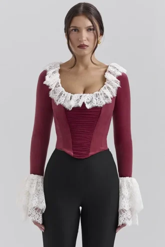 Jacinda Cabernet Velvet Lace Trimmed Corset Top
