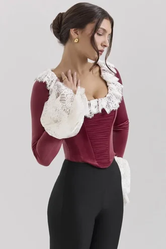 Jacinda Cabernet Velvet Lace Trimmed Corset Top