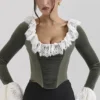 Jacinda Forest Green Velvet Lace Trimmed Corset Top