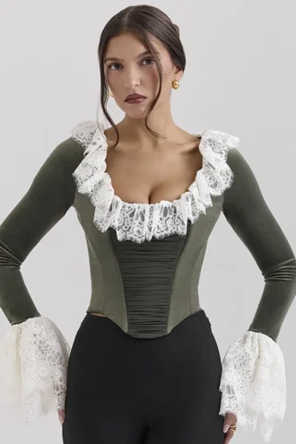 Jacinda Forest Green Velvet Lace Trimmed Corset Top