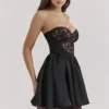 Jadore Black Lace and Satin Strapless Mini Dress