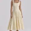 Jaime Lemon Floral Print Cotton Lace Up Midi Sundress