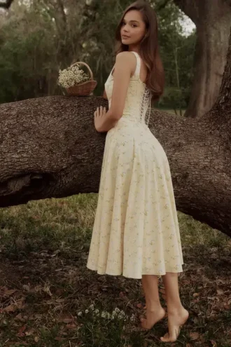 Jaime Lemon Floral Print Cotton Lace Up Midi Sundress