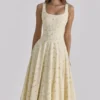 Jaime Lemon Floral Print Cotton Lace Up Midi Sundress