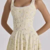 Jaime Lemon Floral Print Cotton Lace Up Midi Sundress