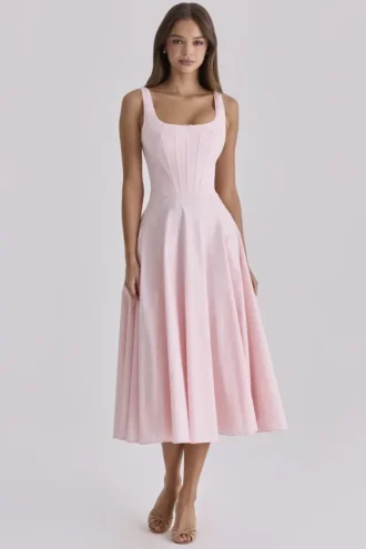 Jaime Pink Cotton Lace Up Midi Sundress