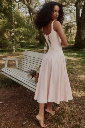 Jaime Pink Cotton Lace Up Midi Sundress