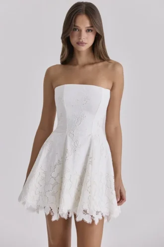 Jemima White Strapless Custom Lace Broderie Anglaise Mini Dress