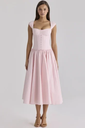 Kaia Pink Cotton Cap Sleeve Midi Dress