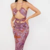 Kasia Purple Swirl Cutout Midi Dress