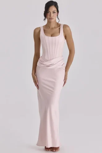 Kira Blush Pink Satin Gathered Maxi Dress
