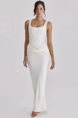 Kira Ivory Satin Gathered Maxi Dress