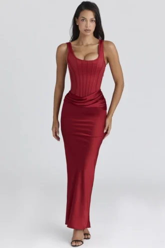 Kira Red Satin Corset Maxi Dress