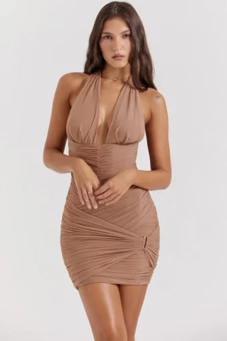 Laetitia Hazelnut Gathered Mini Dress