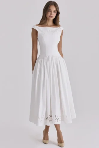 Lauren White Cotton Broderie Anglaise Boat Neck Maxi Dress