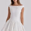 Lauren White Cotton Broderie Anglaise Boat Neck Mini Dress