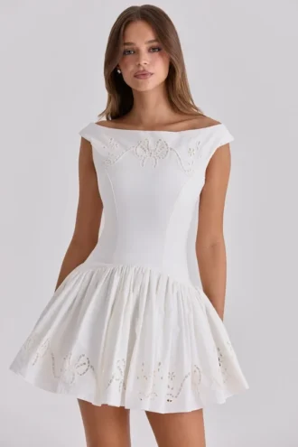 Lauren White Cotton Broderie Anglaise Boat Neck Mini Dress