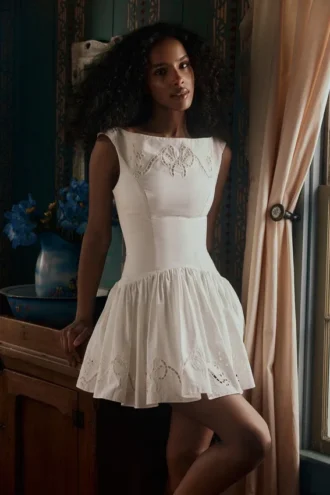 Lauren White Cotton Broderie Anglaise Boat Neck Mini Dress