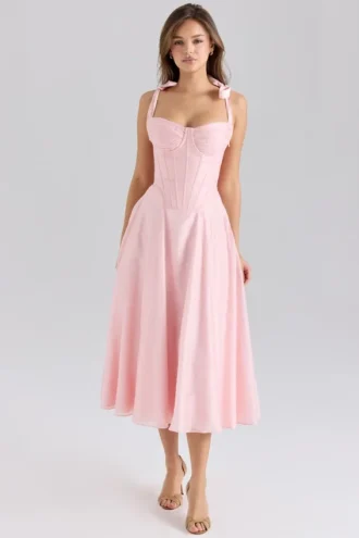 Leia Pink Chiffon Tie Strap Midi Dress