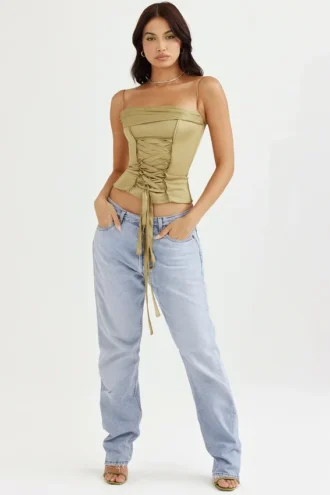 Letitia Olive Satin Lace Up Corset