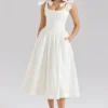 Lillia White Stretch Cotton Bow Midi Dress