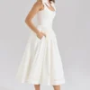 Lillia White Stretch Cotton Bow Midi Dress