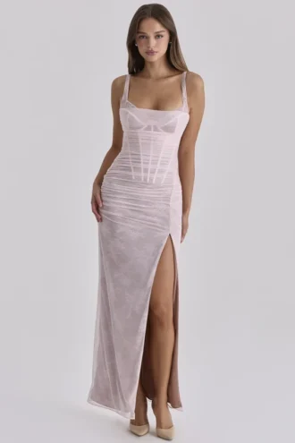 Lini Baby Pink Lace Mesh Maxi Dress