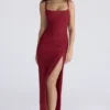 Lini Deep Red Stretch Mesh Corset Maxi Dress