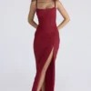 Lini Deep Red Stretch Mesh Corset Maxi Dress