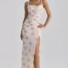 Lini Ivory Sweet Peony Print Stretch Mesh Maxi Dress