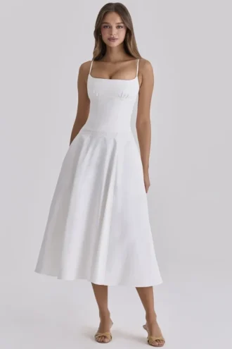Liora White Cotton Broderie Anglaise Trim Midi Sundress