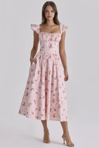 Livia Pink Vintage Rose Cotton Midi Sundress