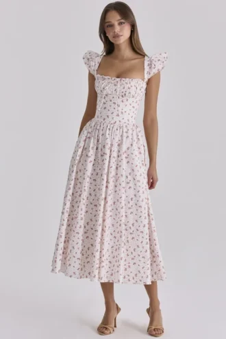 Livia White Rose Print Cotton Midi Sundress