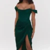 Loretta Emerald Green Satin Off Shoulder Dress