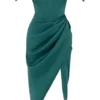 Loretta Emerald Green Satin Off Shoulder Dress