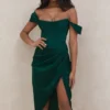 Loretta Emerald Green Satin Off Shoulder Dress